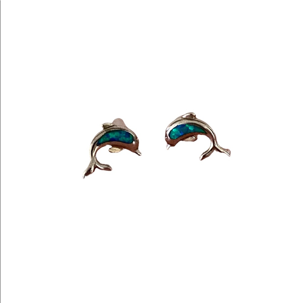 925 Sterling Silver Blue Opal Dolphin Post Stud Earrings (NWOT)